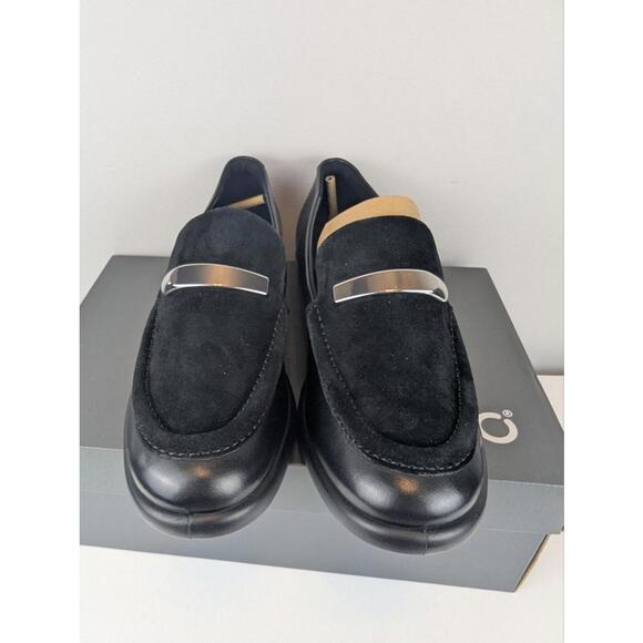 Ecco Sculpted LX Black Leather and Suede Dress Penny Loafers with Silver Accent - Picture 4 of 8